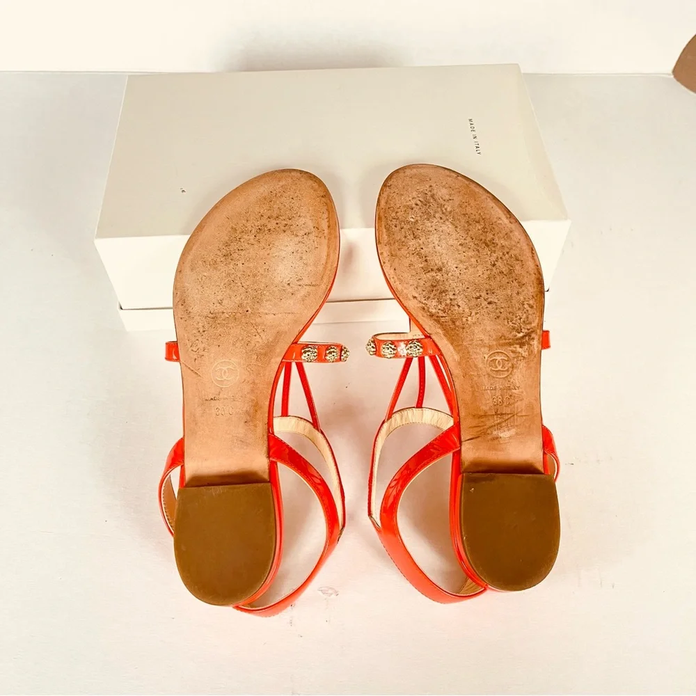 CHANEL coral red gold camellia studded flat sandals 38